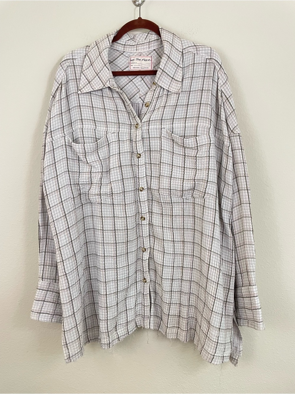 We The Free Cardiff Plaid Oversized Gauze Button Up Tunic Shirt Lilac Size Large - Picture 3 of 10